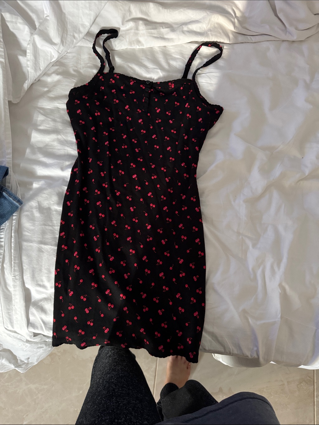 Pink Victoria's Secret Black Mini Slip Dress With Cherry Print